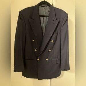 Vintage Burberry Navy Double Breasted Blazer Jacket Gold Button Wool 42 R AS IS